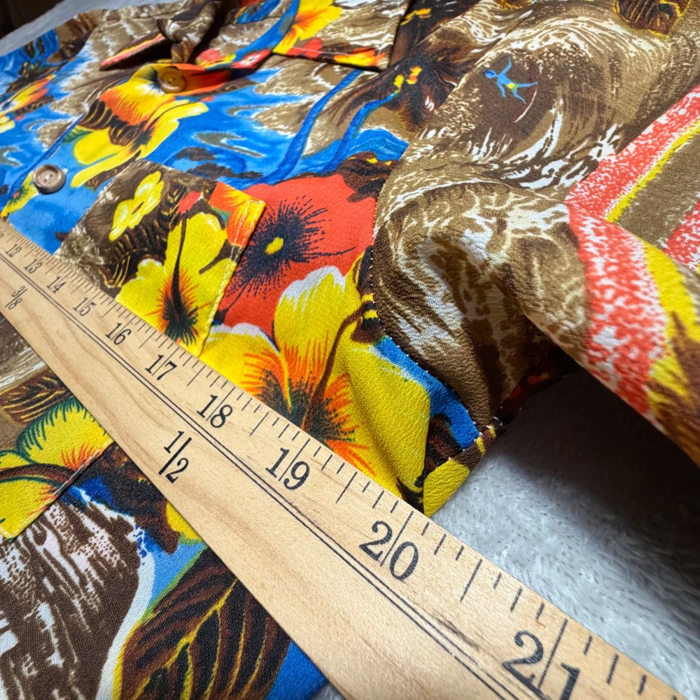 Vintage 70s Aloha Hawaiian‎ Shirt Small Brown Blue Tropical Surfer Polyester - Picture 3 of 6
